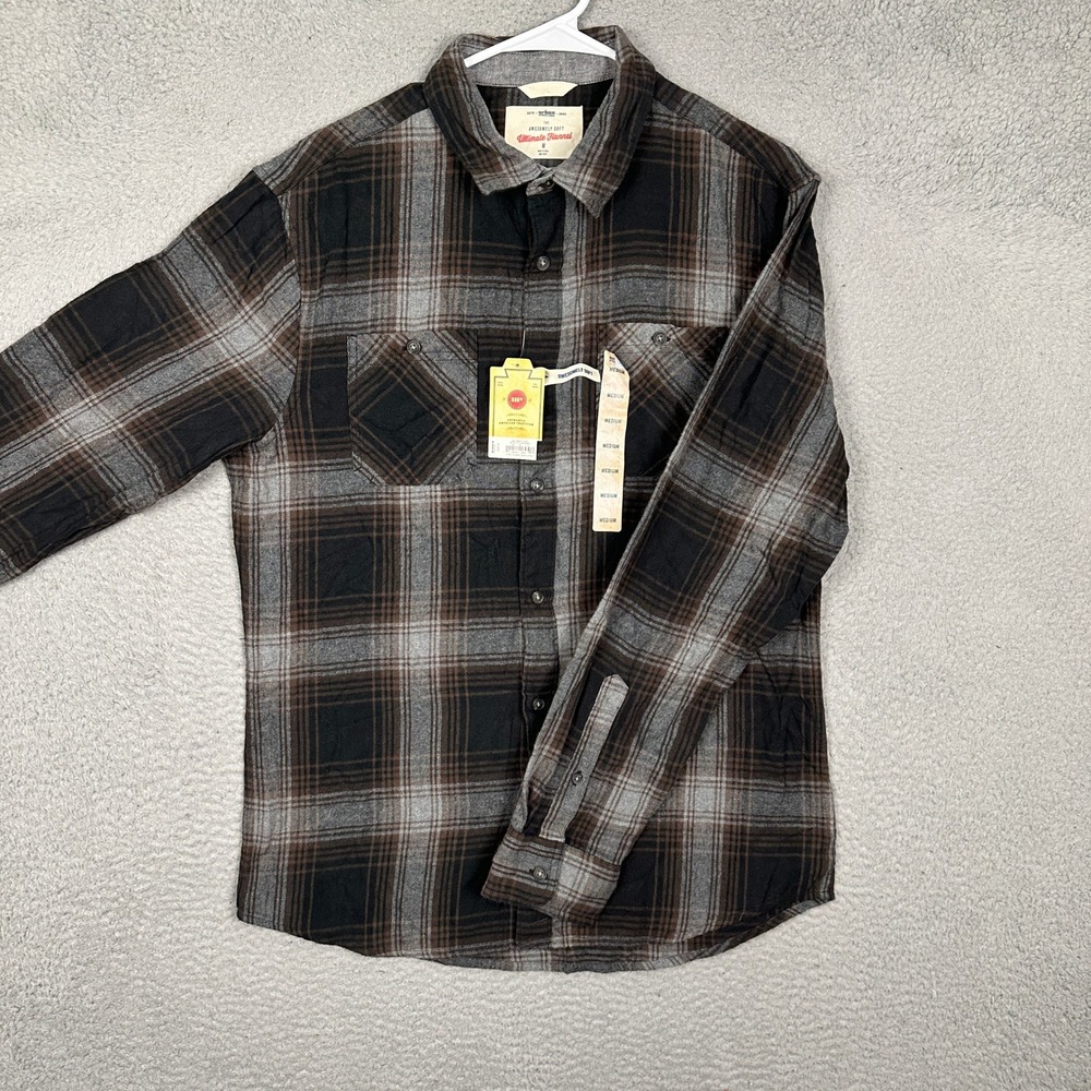 NEW Urban Pipeline Shirt Mens Medium Ultimate Flannel Brown Plaid Button Down